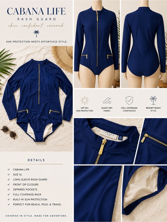Cabana Life Other - Cabana Life Long Sleeve One-Piece Swimsuit XL Navy Zip Front Rash Guard Swimwear